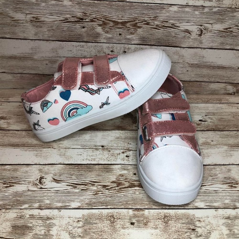 Girls Pink and White Unicorn Velcro Sneakers